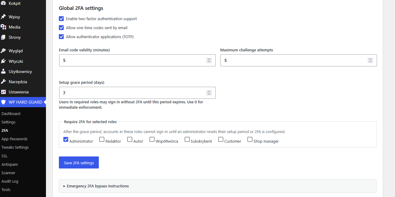 Hard Guard Security two-factor authentication settings