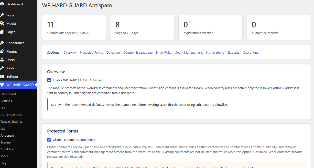 Hard Guard Security Antispam interface