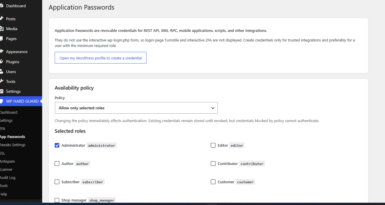 Hard Guard Security Application Passwords settings