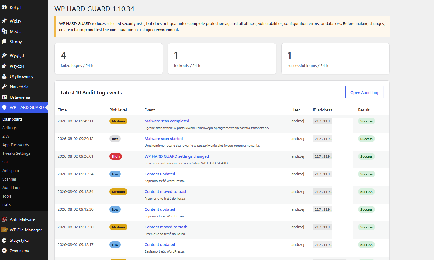 Hard Guard Security dashboard, upper section