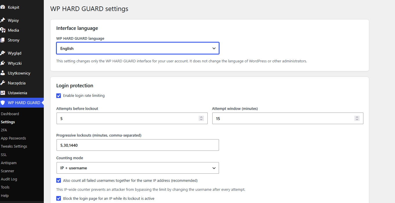 Hard Guard Security settings, login protection
