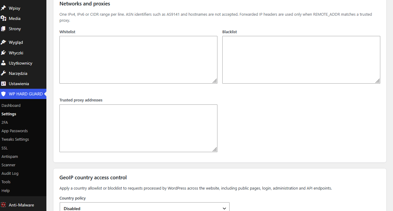 Hard Guard Security settings, networks, proxies and GeoIP access control