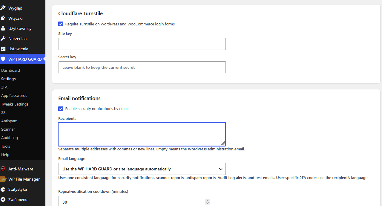 Hard Guard Security settings, Cloudflare Turnstile and email notifications