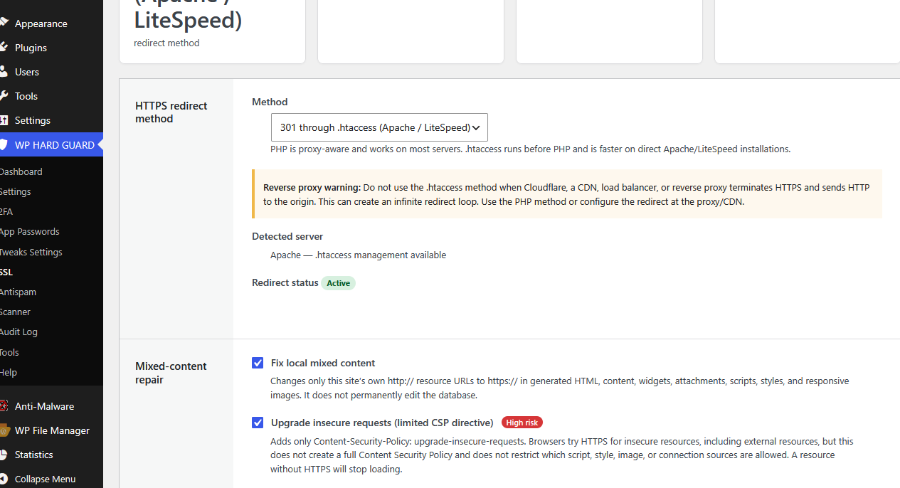 Hard Guard Security SSL settings