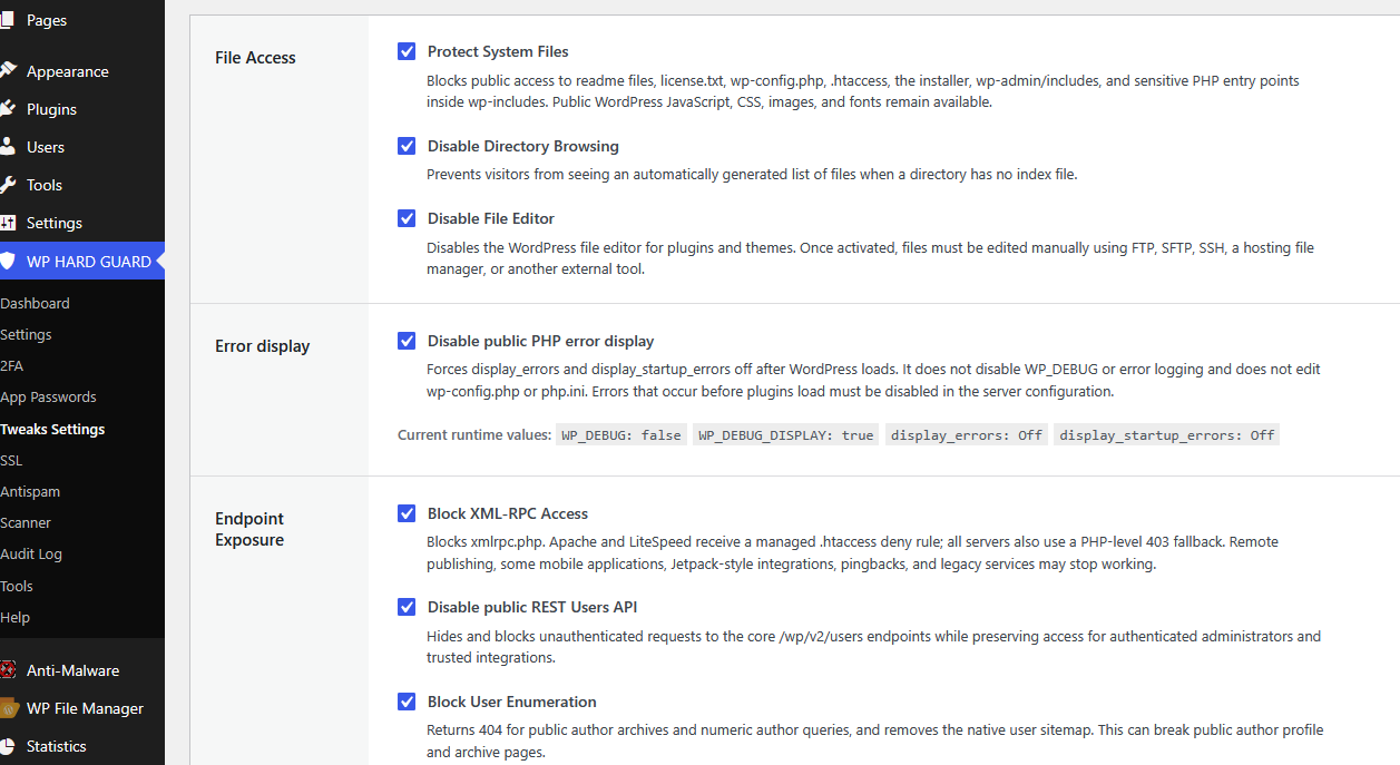 Hard Guard Security Tweaks Settings